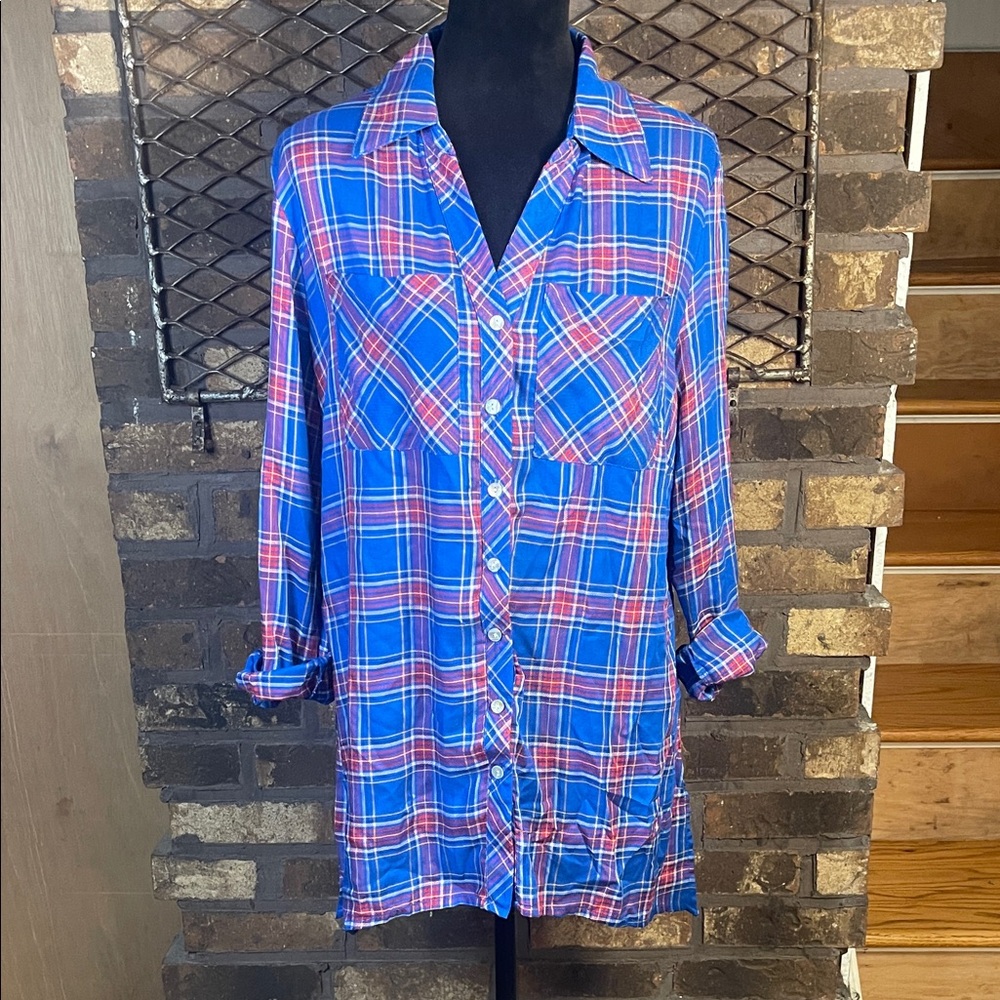 Ruby Rd. Tartan Plaid Blue, Red, Yellow, White Tunic Button-Up Flannel Shirt L